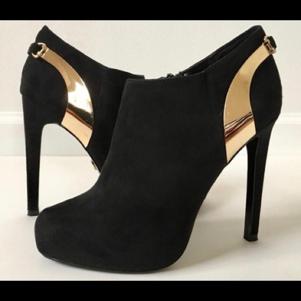 Thalia Sodi Black and Gold Suede Booties